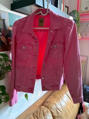 gap x barbie pink puff sleeve denim jacket size m tall